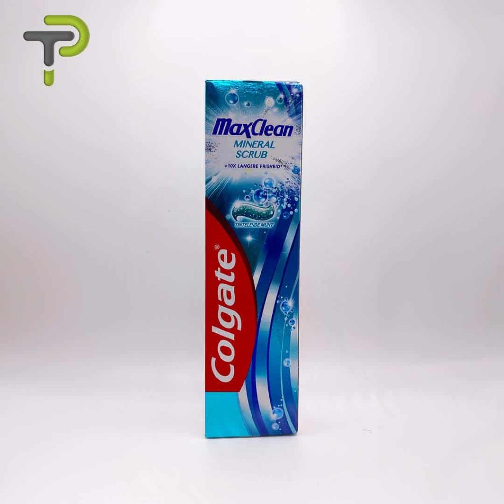Dentifrice Colgate MaxClean Mineral Scrub fraîcheur prolongée avec arôme de menthe pétillante.